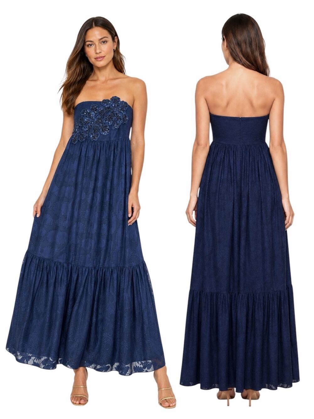 Lilly Pulitzer Mollylynn Clip Maxi Dress Navy Strapless Beaded Floral Applique
